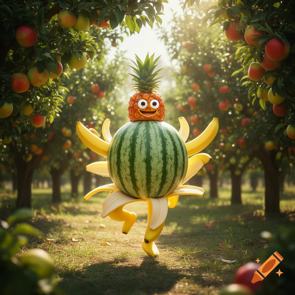 A whimsical fruit person made of a pineapple head, watermelon body, and banana arms and legs, dancing in a sunny apple orchard.