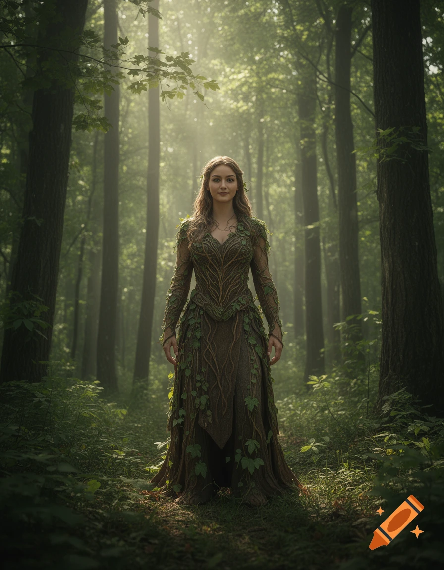 A woman in an intricate, nature-inspired gown stands in a sun-dappled, misty forest, looking forward.