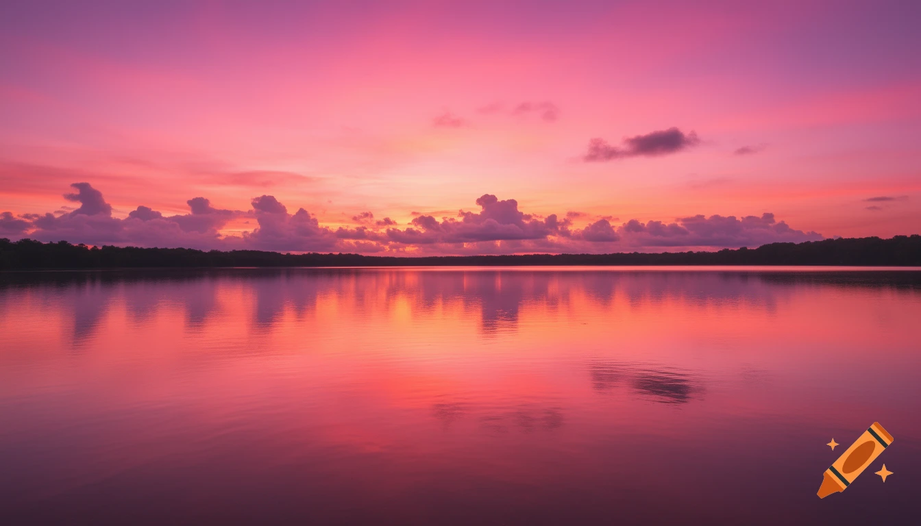 Vibrant pink, orange, and purple sunset over a still body of water, reflecting the colorful sky and clouds.
