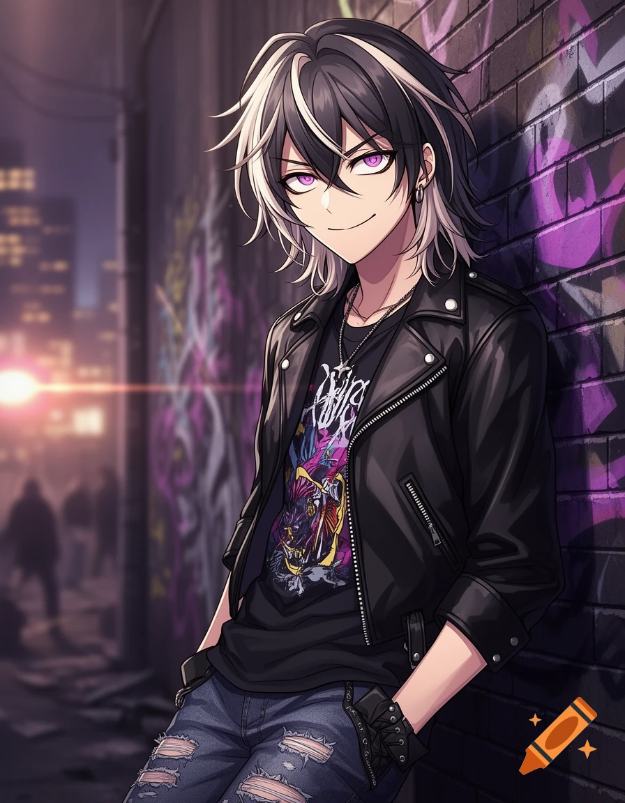 An anime character with black and white hair, sharp purple eyes, a mischievous smirk, wearing a black leather jacket and ripped jeans, leaning against a graffiti-covered brick wall in an urban alley at dusk.