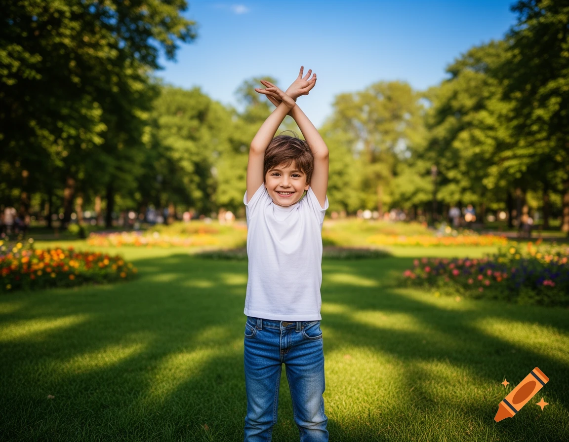 A smiling young boy with brown hair stands in a sunny park with his arms crossed above his head, wearing a white t-shirt and blue jeans, photorealistic.