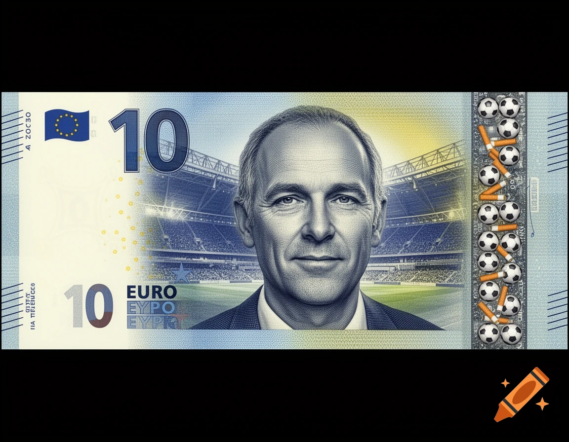 A stylized 10 Euro banknote featuring a portrait of a man, with a football stadium in the background and a security strip showing footballs alternating with cigarettes.