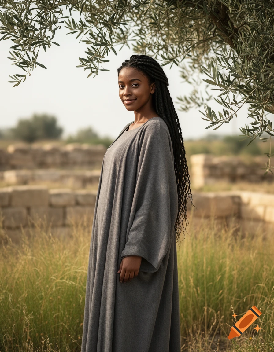 A young African American woman with long dreadlocks, wearing a gray biblical dress, stands smiling under an olive tree in an outdoor, historical setting.