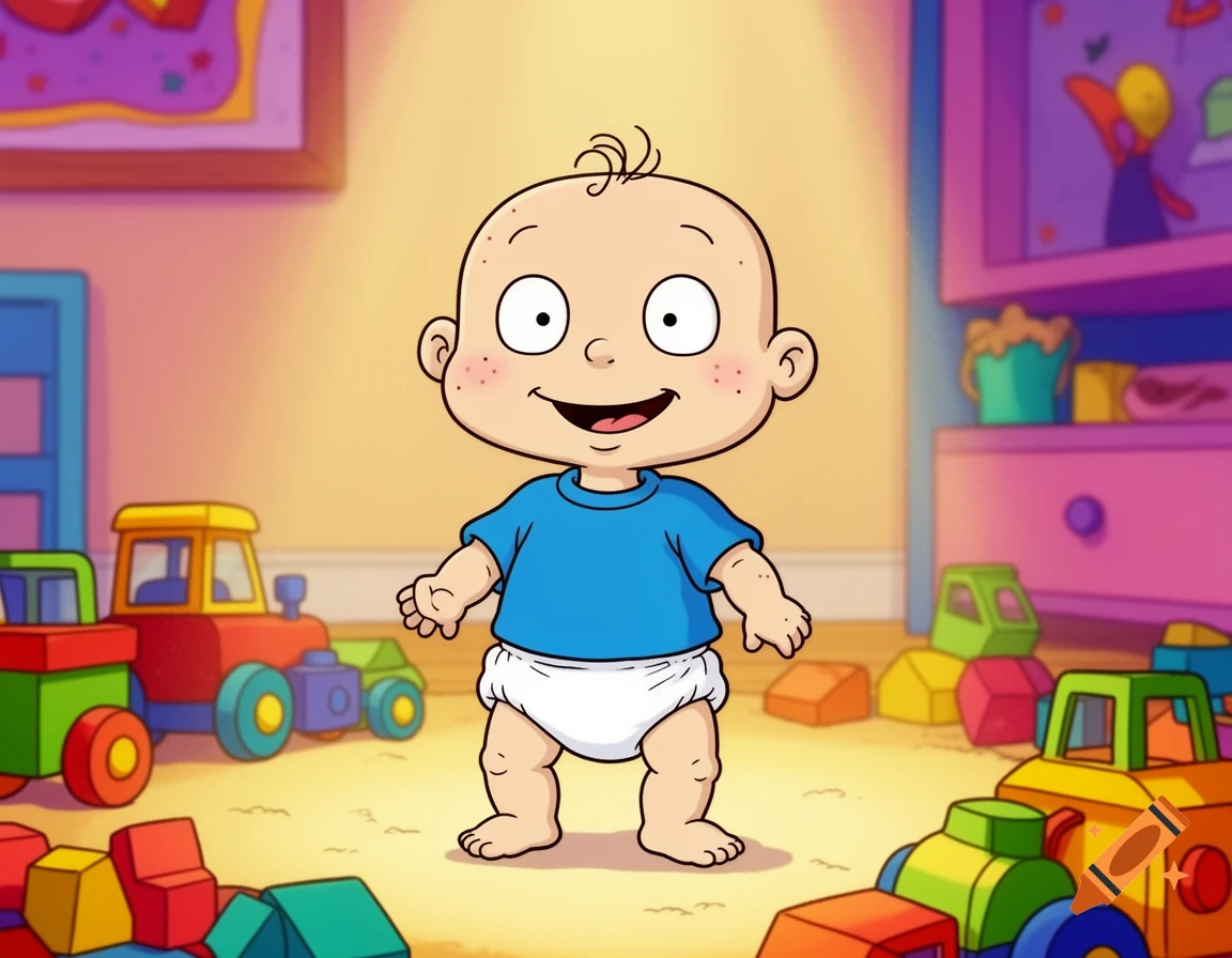 Cartoon baby Tommy Pickles from Rugrats stands smiling in a colorful playroom filled with toys.