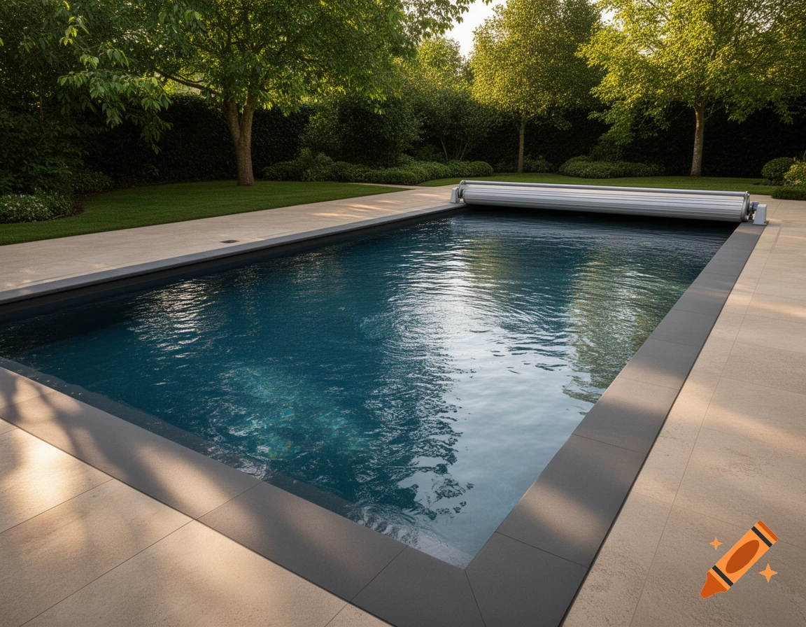 A rectangular swimming pool with an anthracite liner and a rolled-up cover, surrounded by a light-colored patio and lush green garden.