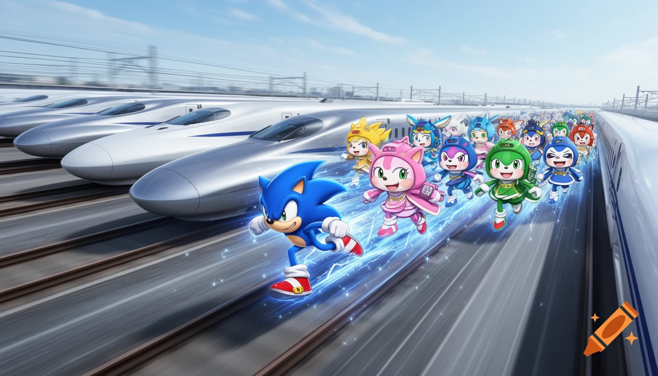 Sonic the Hedgehog and a group of colorful anime mascots race alongside multiple bullet trains on a high-speed track.