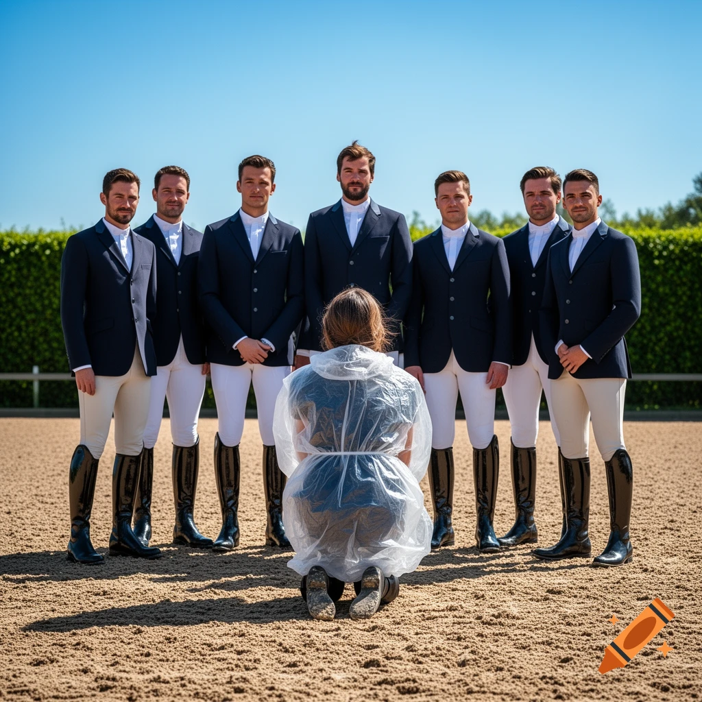 Six men in black equestrian jackets and white pants stand facing forward, while a woman in a clear plastic smock kneels with her back to them on a sandy ground.