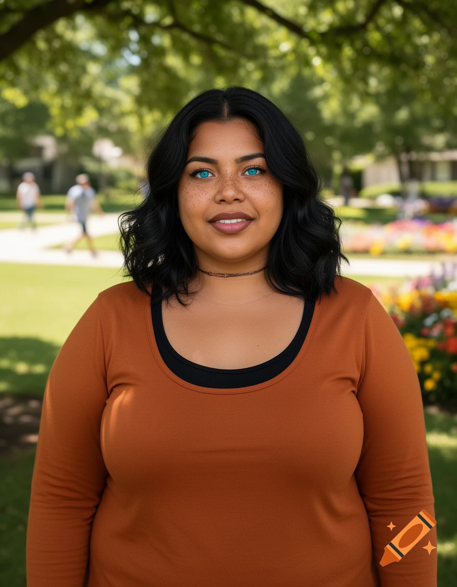 Photorealistic portrait of a smiling Hispanic woman with blue eyes, freckles, and black hair, wearing an orange shirt in a park.