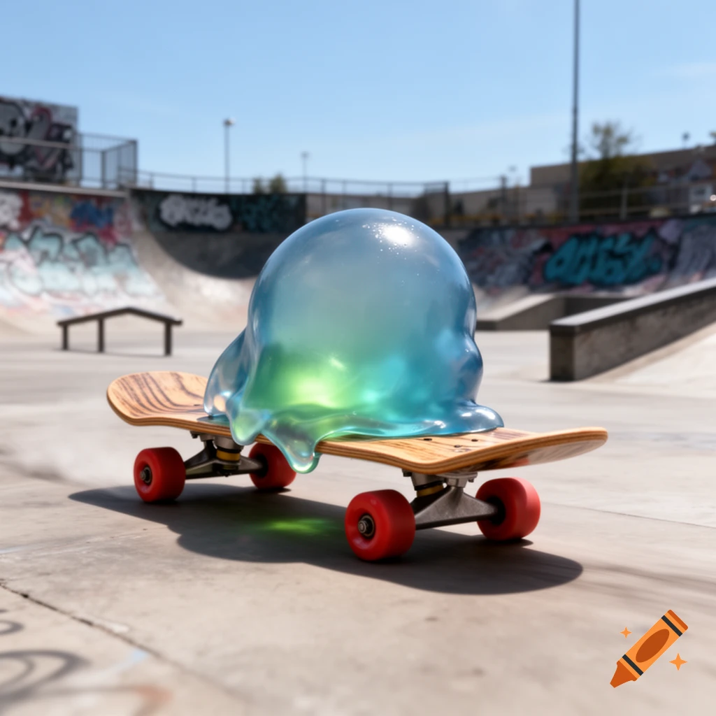 A translucent blue-green blob sits on a skateboard in a sunny skatepark.
