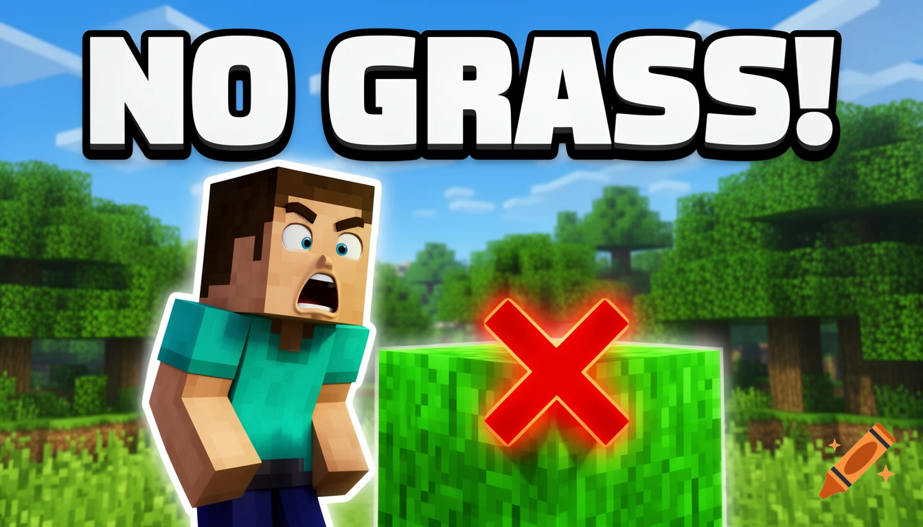 A shocked Minecraft player stands near a grass block with a red X, under text 'NO GRASS!' in a vibrant 3D rendered Minecraft world.