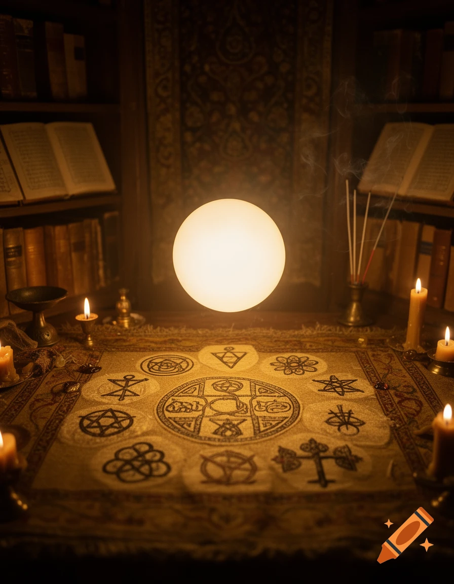 A glowing orb on a dark, ritualistic table covered in mystical symbols, surrounded by lit candles, incense, and old books.
