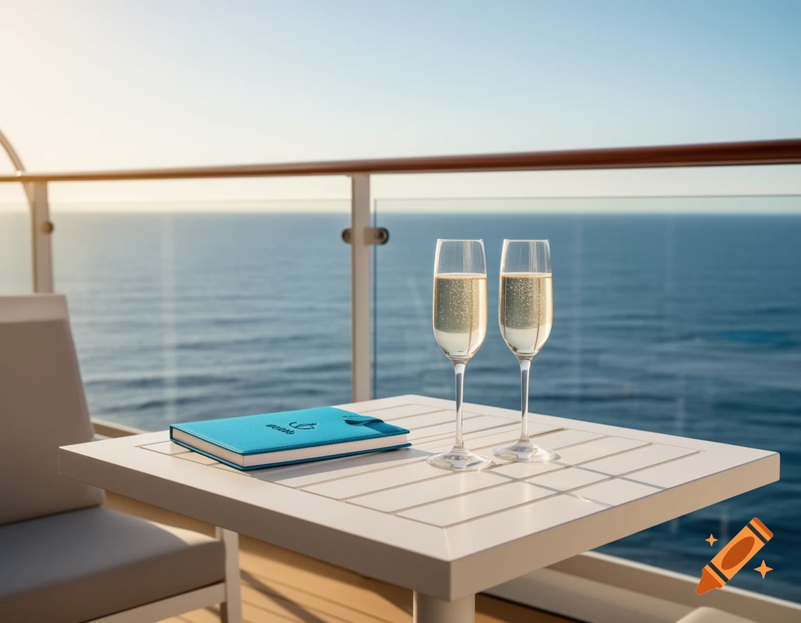 Photorealistic image of two champagne glasses and a blue notebook on a white balcony table, overlooking the vast blue ocean.