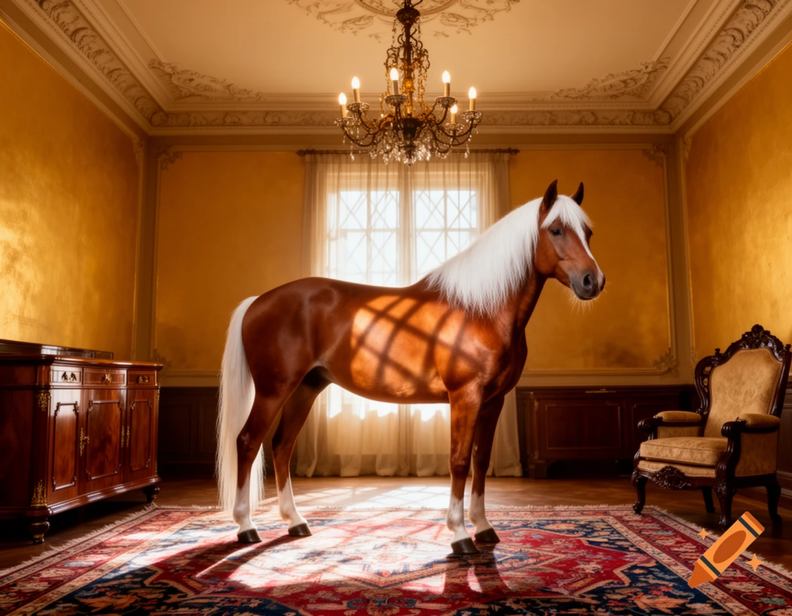 A photorealistic brown horse with a white mane stands on an ornate rug in a lavish, gold-walled room with a chandelier.