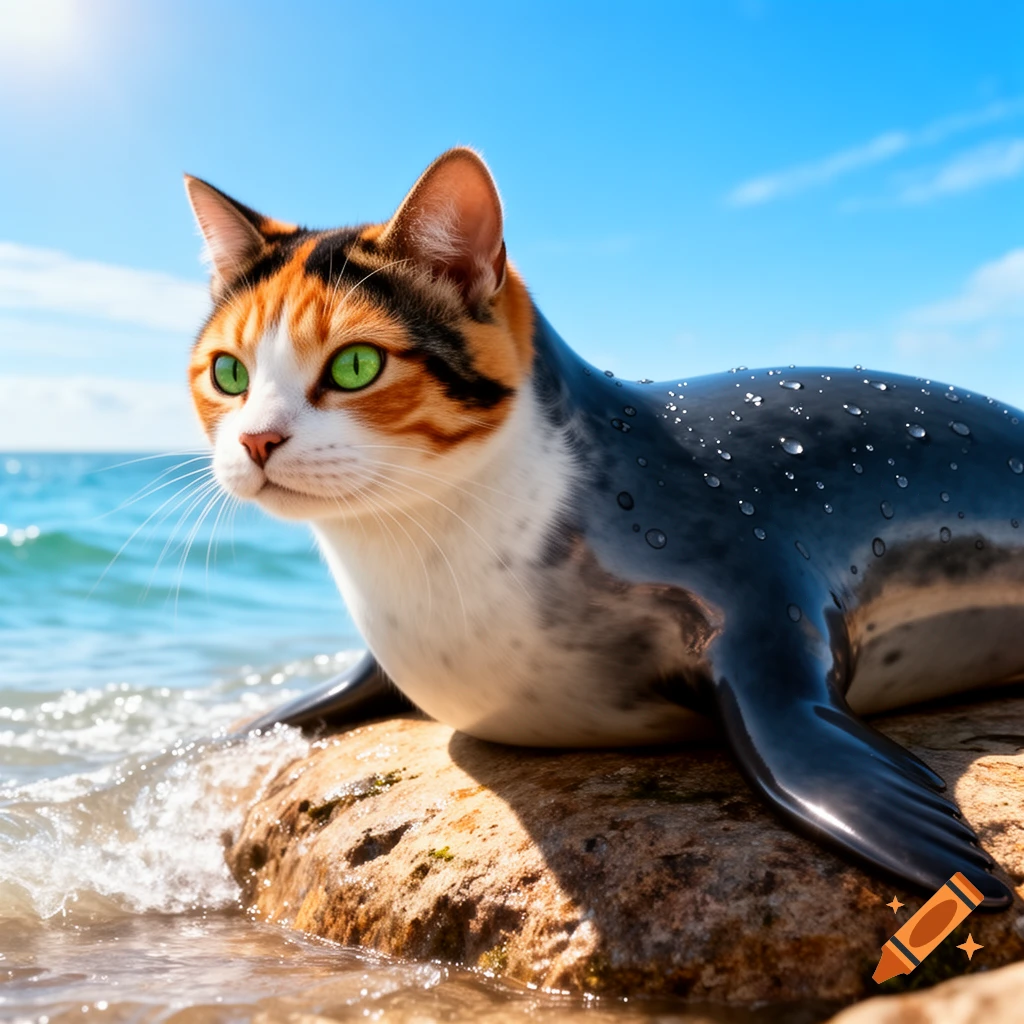 A calico cat-seal hybrid with bright green eyes rests on a sunlit rock by the ocean.
