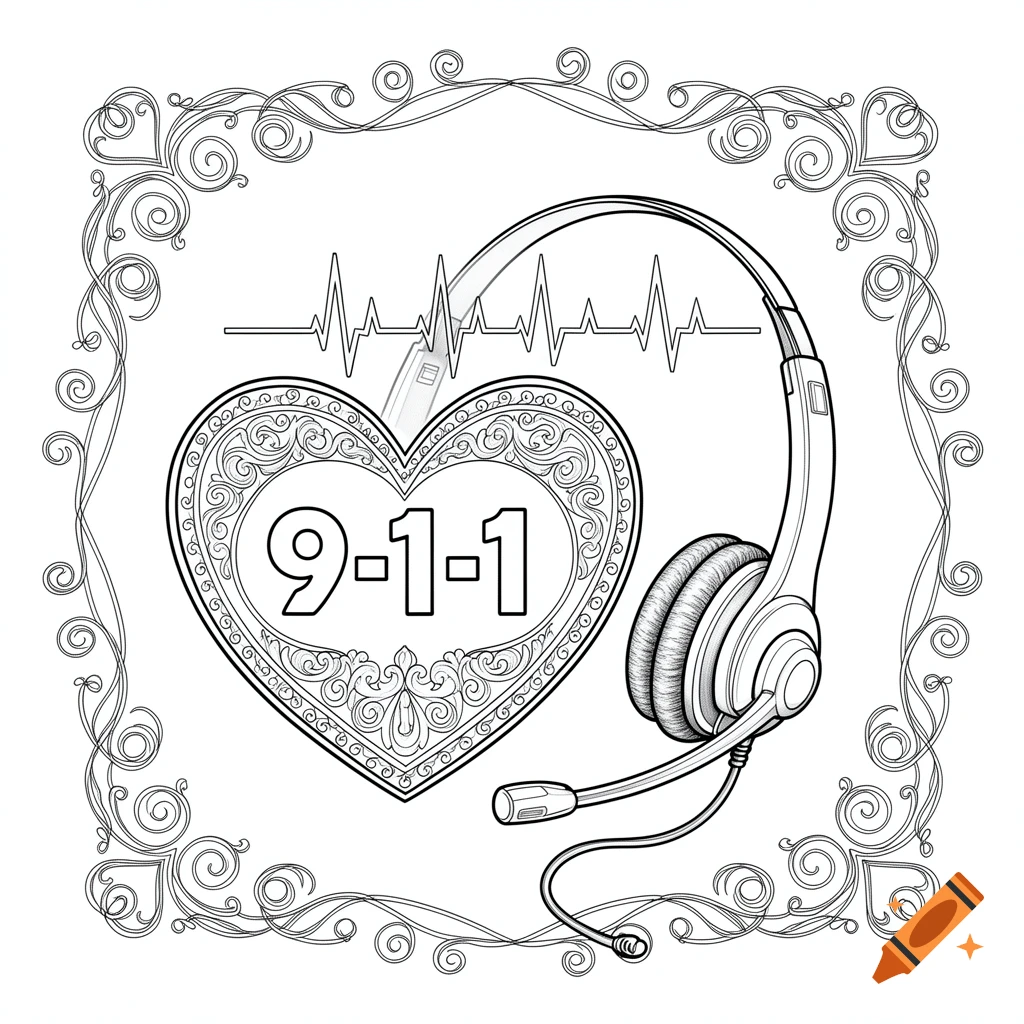 Black and white coloring page featuring a decorative heart with '9-1-1', a headset, and a heartbeat line, all within an ornate border.