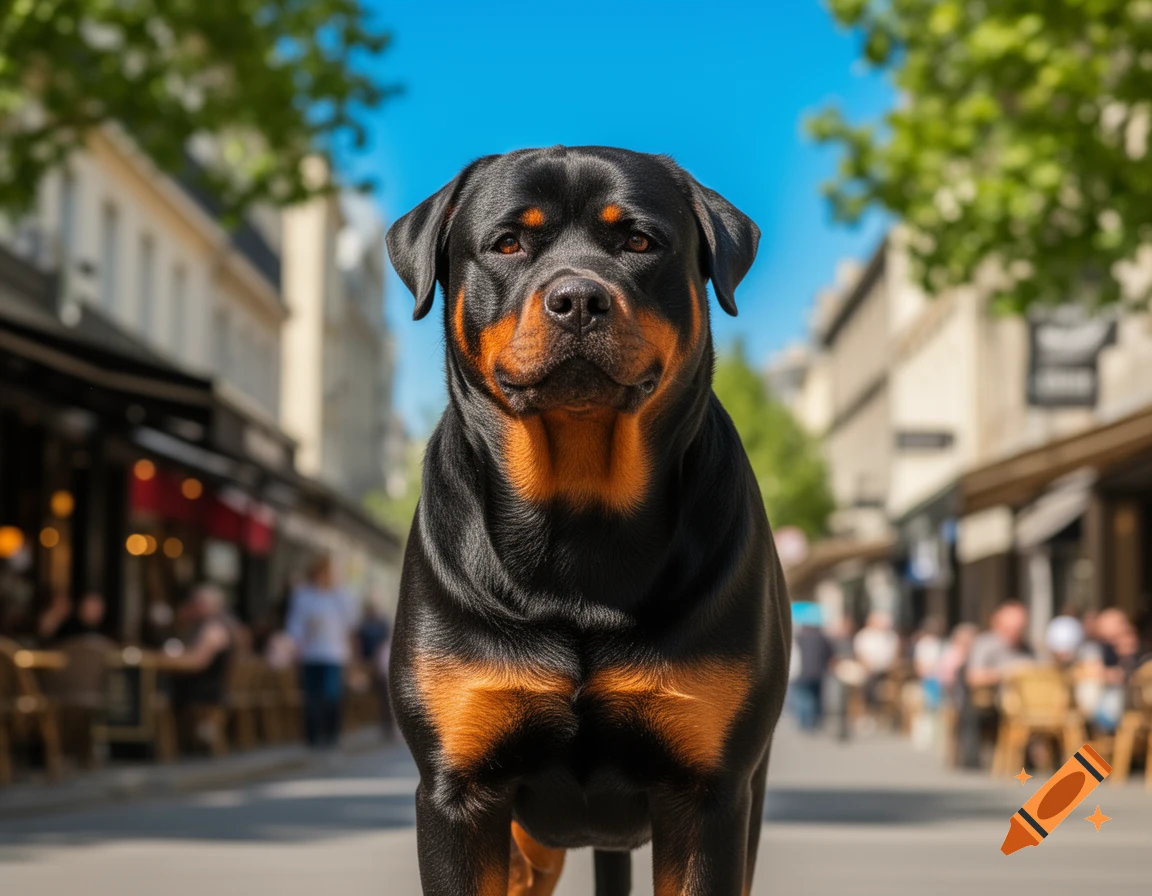 A majestic Rottweiler dog stands front and center on a sunny cobblestone street in a European city, with blurred buildings and trees in the background.