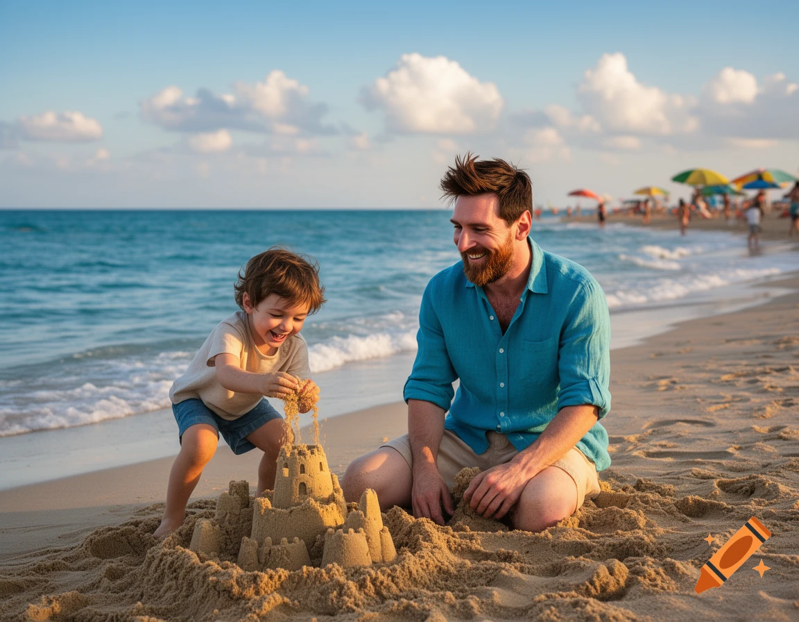 Man resembling Lionel Messi and a child smiling while building a sandcastle on a sunny beach.