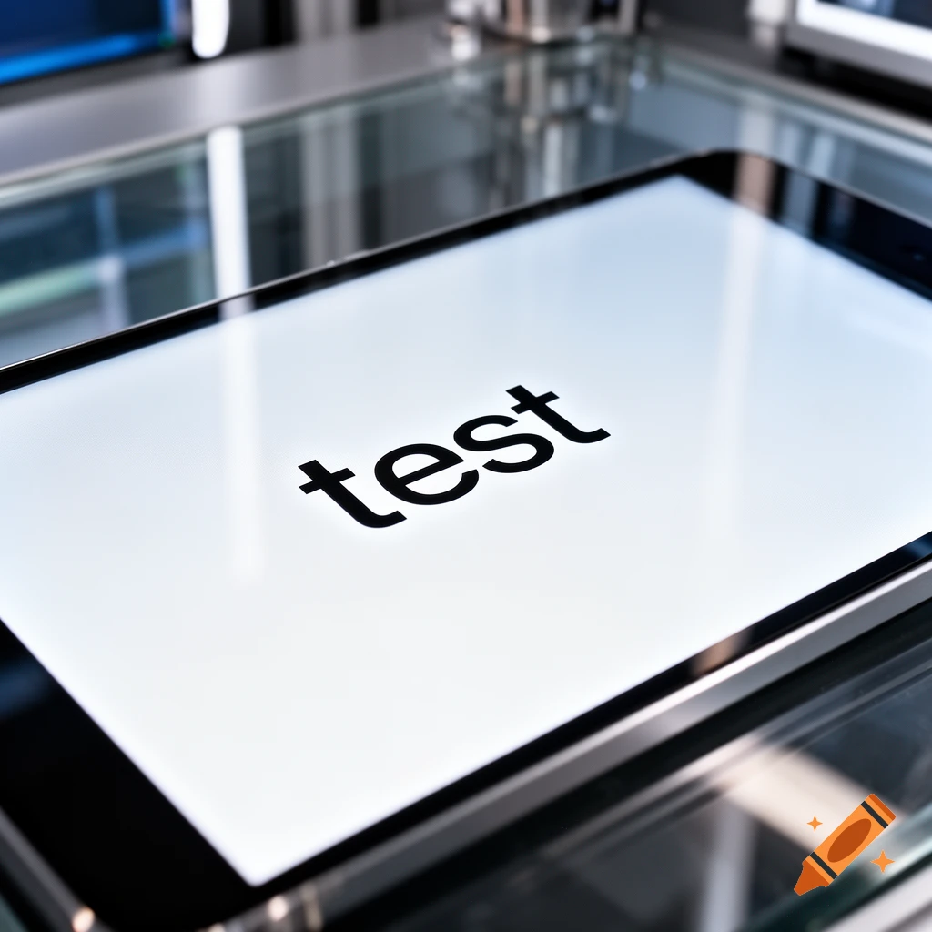 A close-up shot of a modern tablet displaying the word "test" in black letters on a bright white screen, resting on a reflective surface.