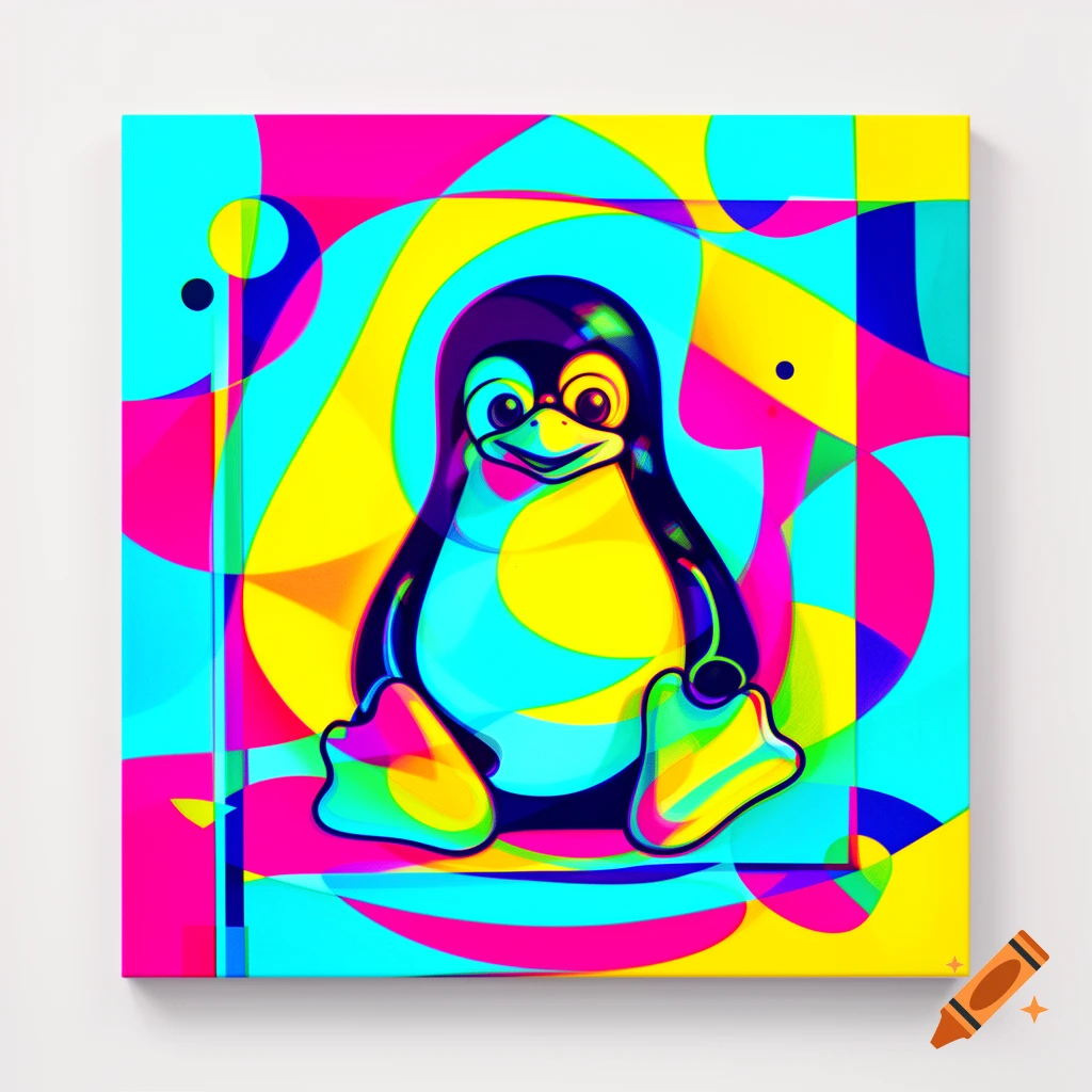 Tux the Linux penguin in a vibrant, abstract, geometric pop art style, rendered with bold cyan, magenta, and yellow colors.