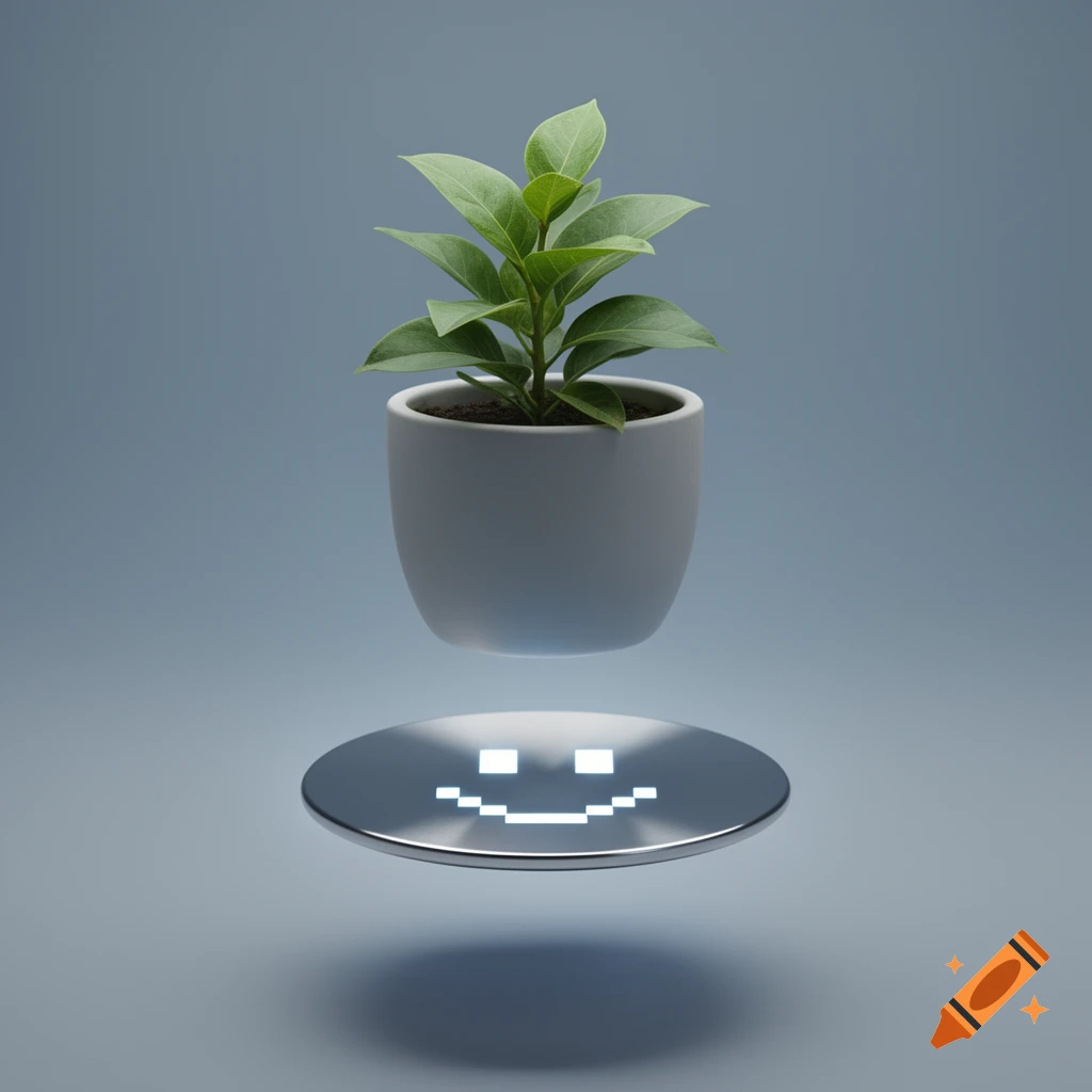 A photorealistic image of a small green plant in a light grey pot hovering over a reflective silver disc with a pixelated white smiley face.