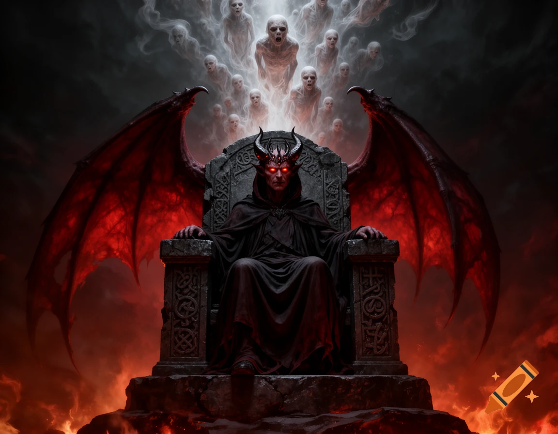 A horned devil with red eyes and large wings sits on an ornate stone throne above fire, with ghostly souls rising behind.