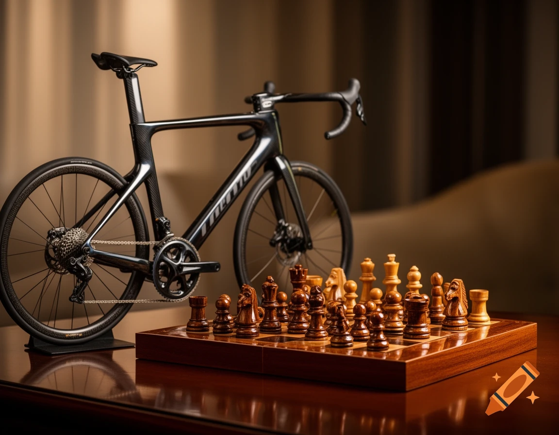 A black carbon road bike stands next to a wooden chess board with pieces, on a polished table in soft light.