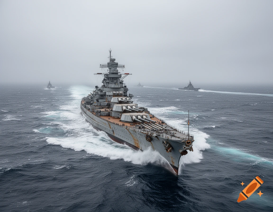Photorealistic image of a large gray battleship leading a convoy of warships through choppy seas under a cloudy sky.