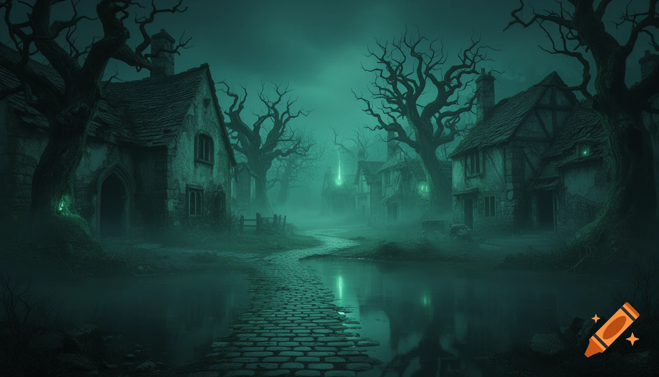 A foggy, gothic village with derelict houses, bare trees, and a stone path leading to a lake under a glowing green-blue sky.