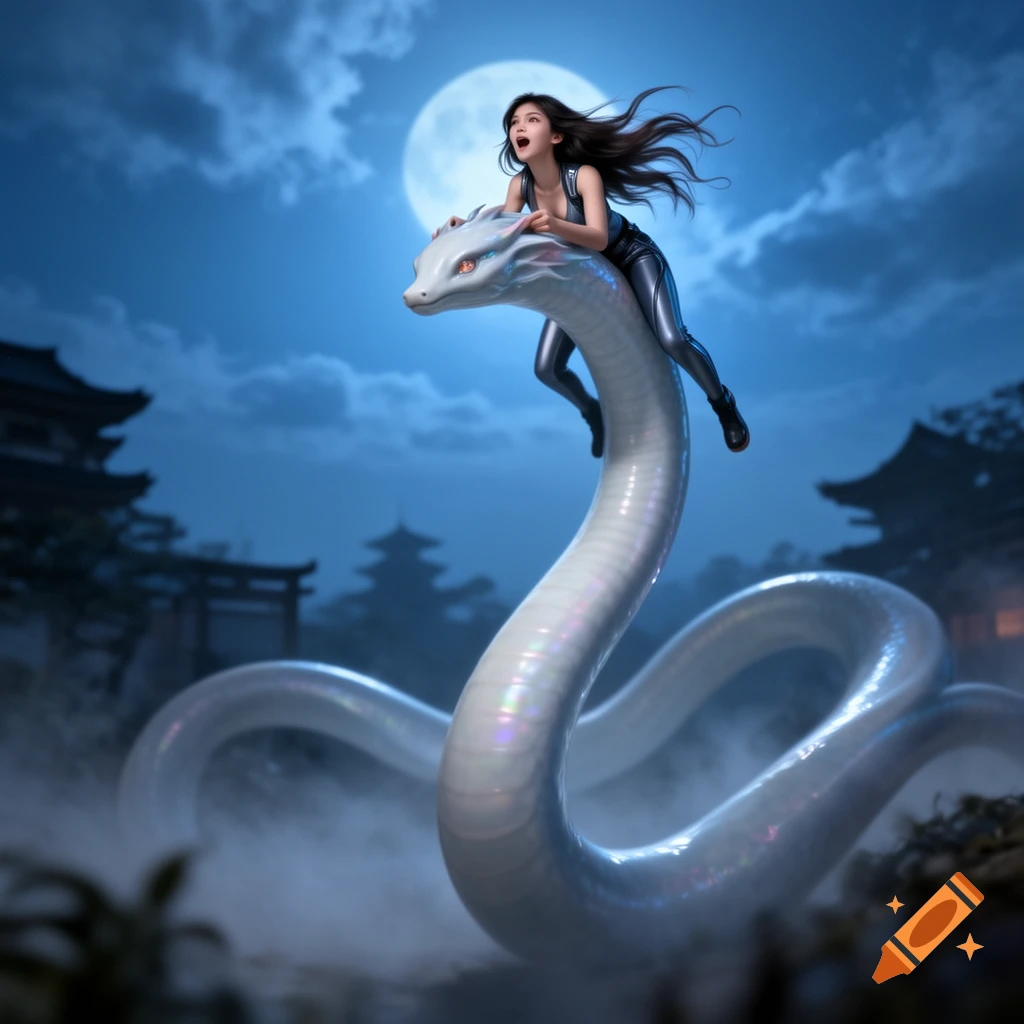 A woman in a tight suit rides a giant white snake under a full moon, with misty Asian temples in the background.