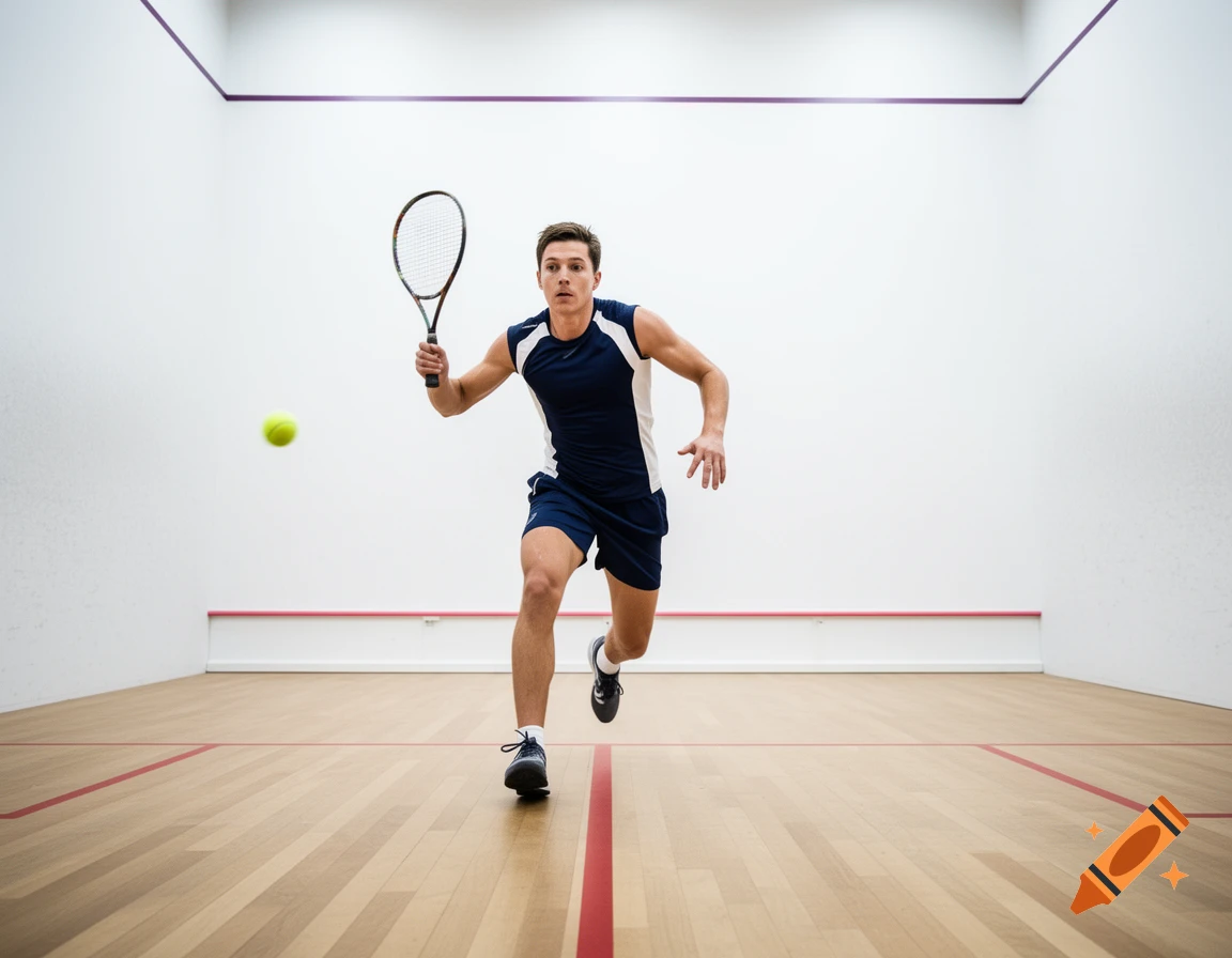Man in sportswear hitting a squash ball with a racket in a squash court, action shot.
