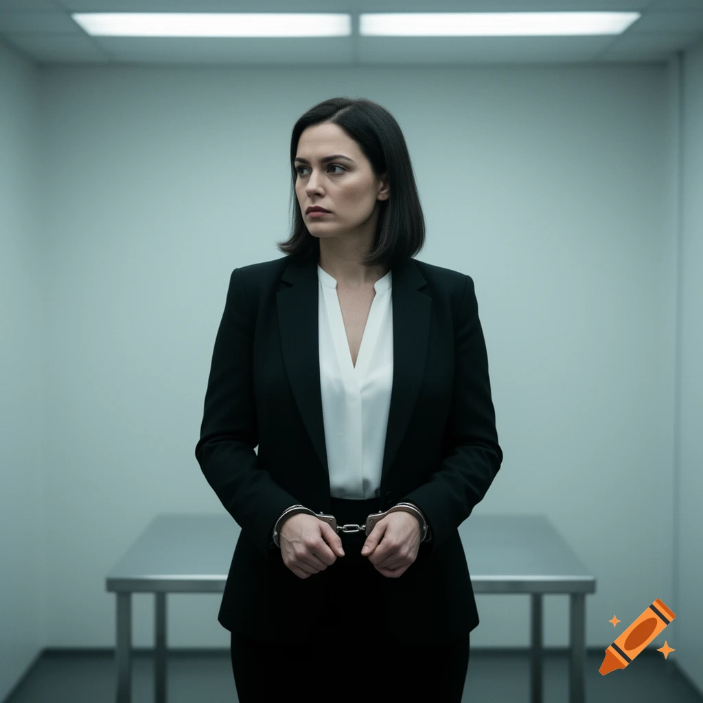 A woman in a black suit with handcuffs stands in a stark, minimalist interrogation room, looking to the side.