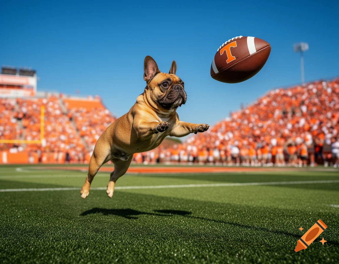 A photorealistic French Bulldog leaps to catch a football with a 'T' logo in a sunny football stadium filled with orange-clad spectators.