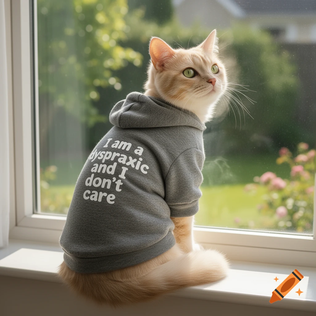 A light orange cat wearing a gray hoodie with text sits on a sunlit windowsill, looking out the window.