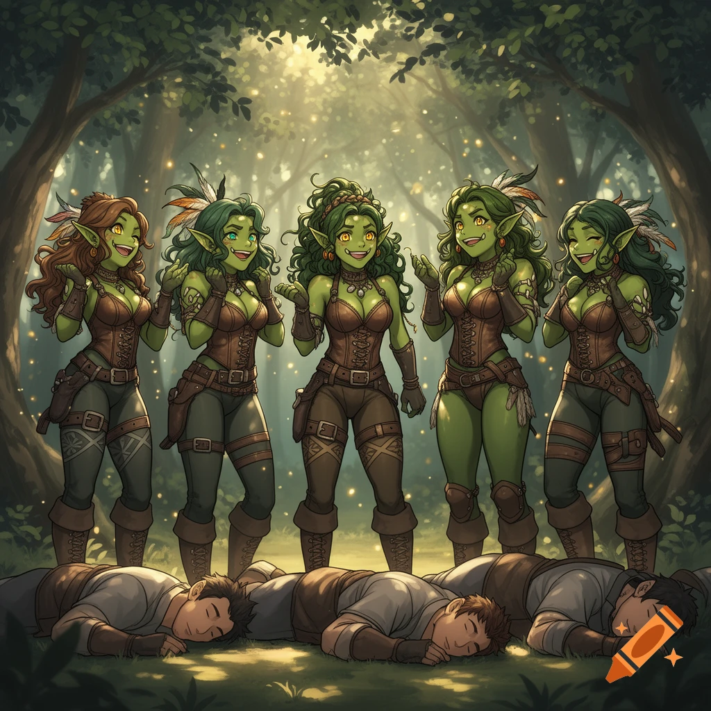 Five smiling anime-style female orcs in leather outfits stand over three sleeping human men in an enchanted forest.