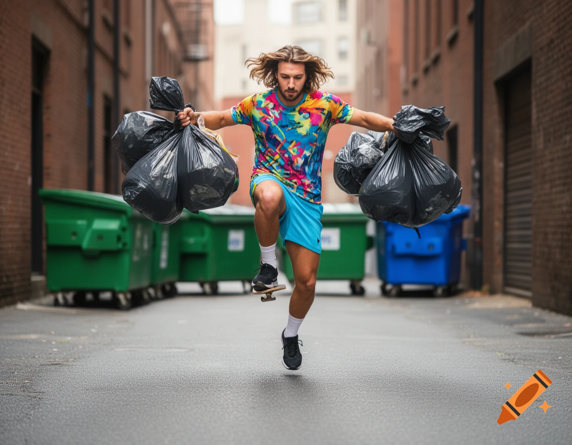 A man with wavy hair in a colorful shirt and blue shorts balances on a skateboard, carrying two trash bags in an urban alley.