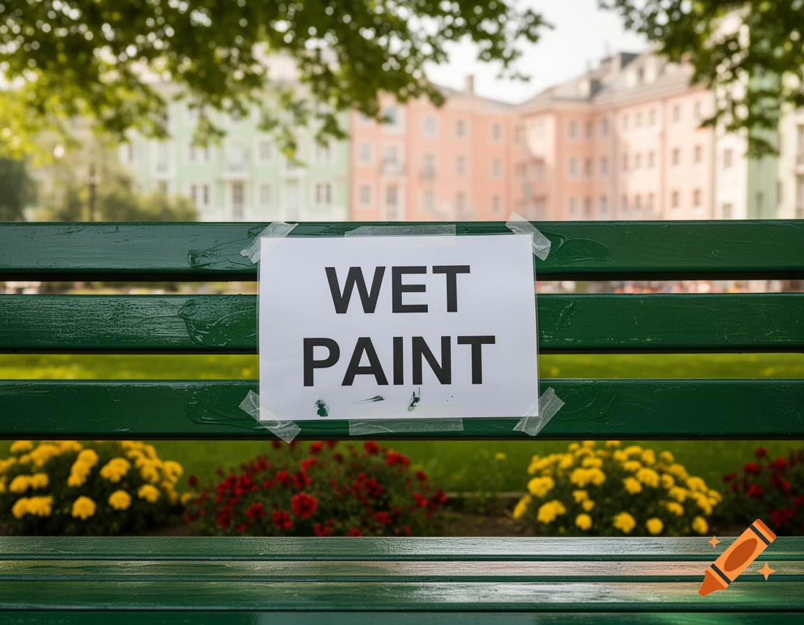 A white 'WET PAINT' sign is taped to a freshly painted green park bench, with blurred trees and buildings in the background.