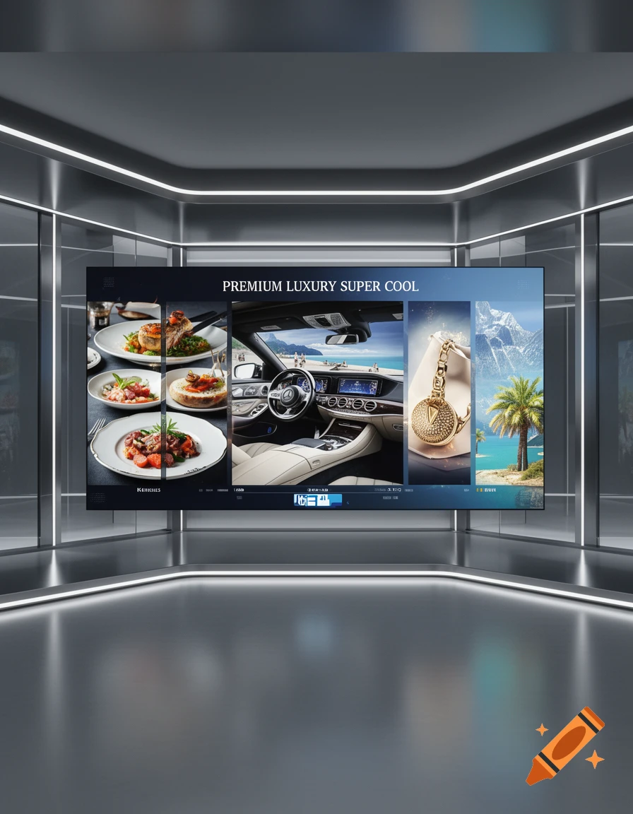 A sleek futuristic room with a large screen displaying a collage of luxury items: gourmet food, a car interior, a golden keychain, and scenic travel views.