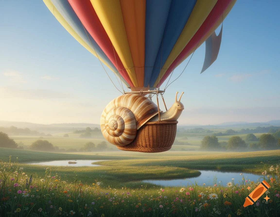 A whimsical snail rides in a hot air balloon with a snail shell basket, soaring over a sunny green meadow.