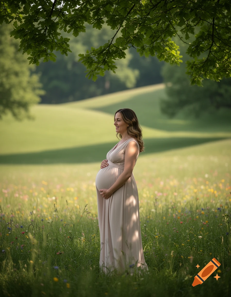 A pregnant woman in a long beige dress gently cradles her belly in a sunlit meadow under a tree canopy.