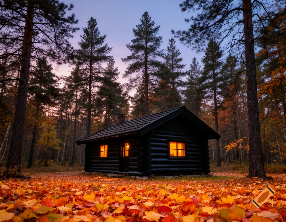Cozy black log cabin with glowing windows nestled in an autumn forest at dusk, covered in colorful fall leaves.
