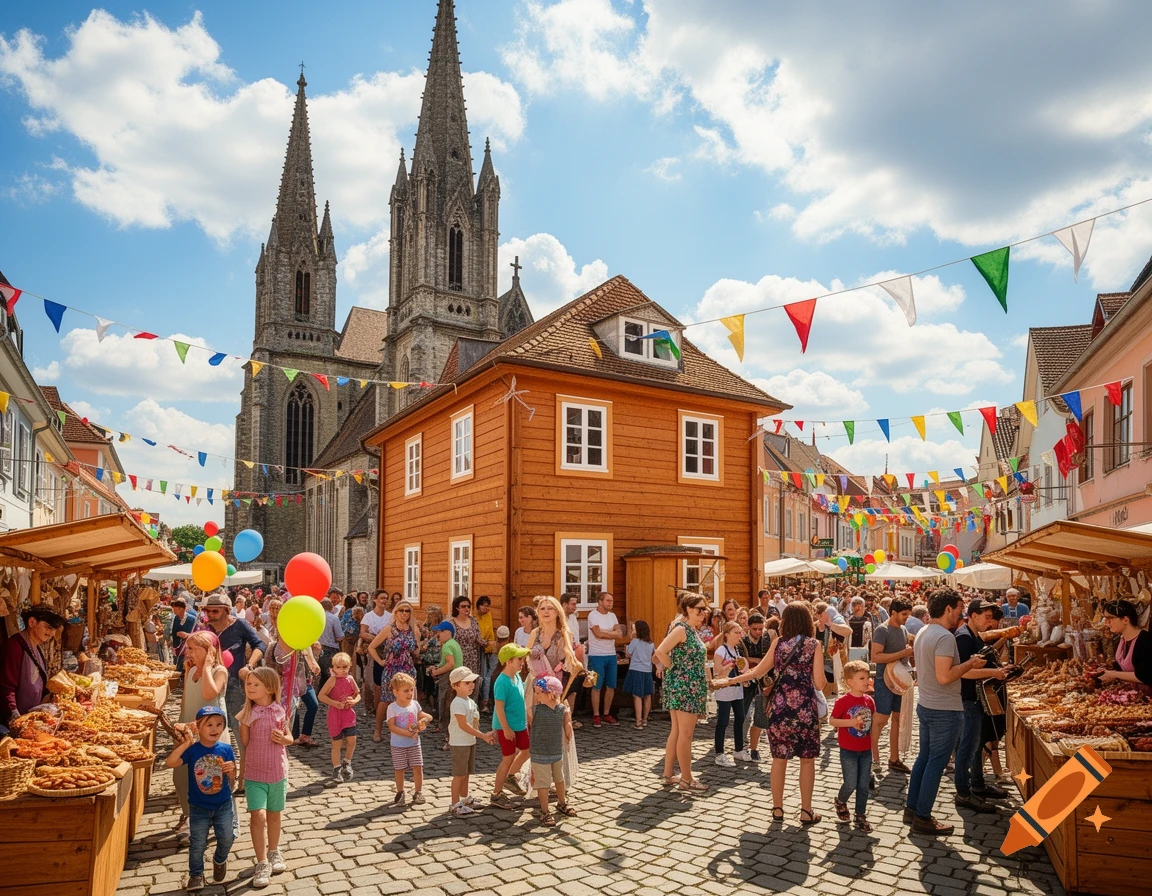A busy street festival on a cobblestone street, with market stalls, crowds of people, and colorful bunting, in front of an orange house and a large stone church with two spires under a blue sky.