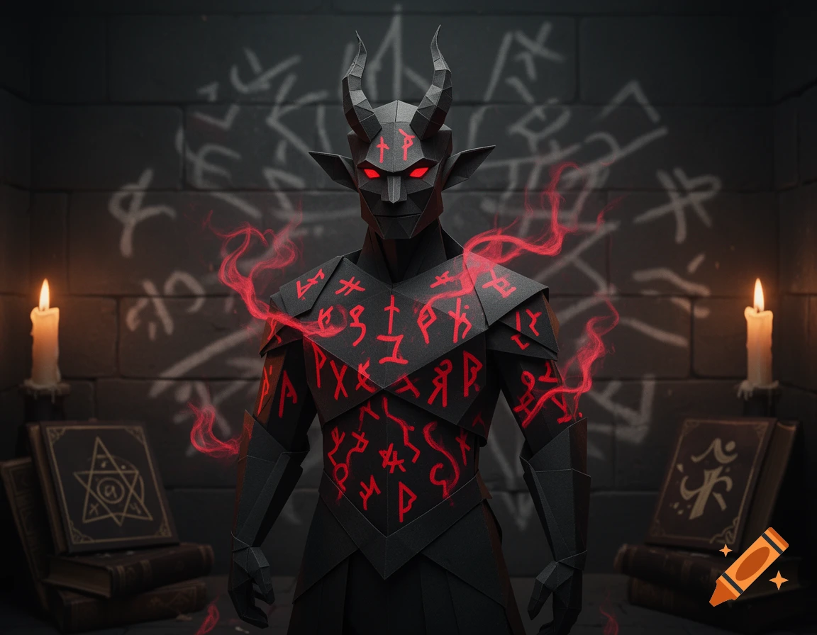 A black papercraft tiefling with glowing red eyes and red runes stands in a dark room with candles and spellbooks.