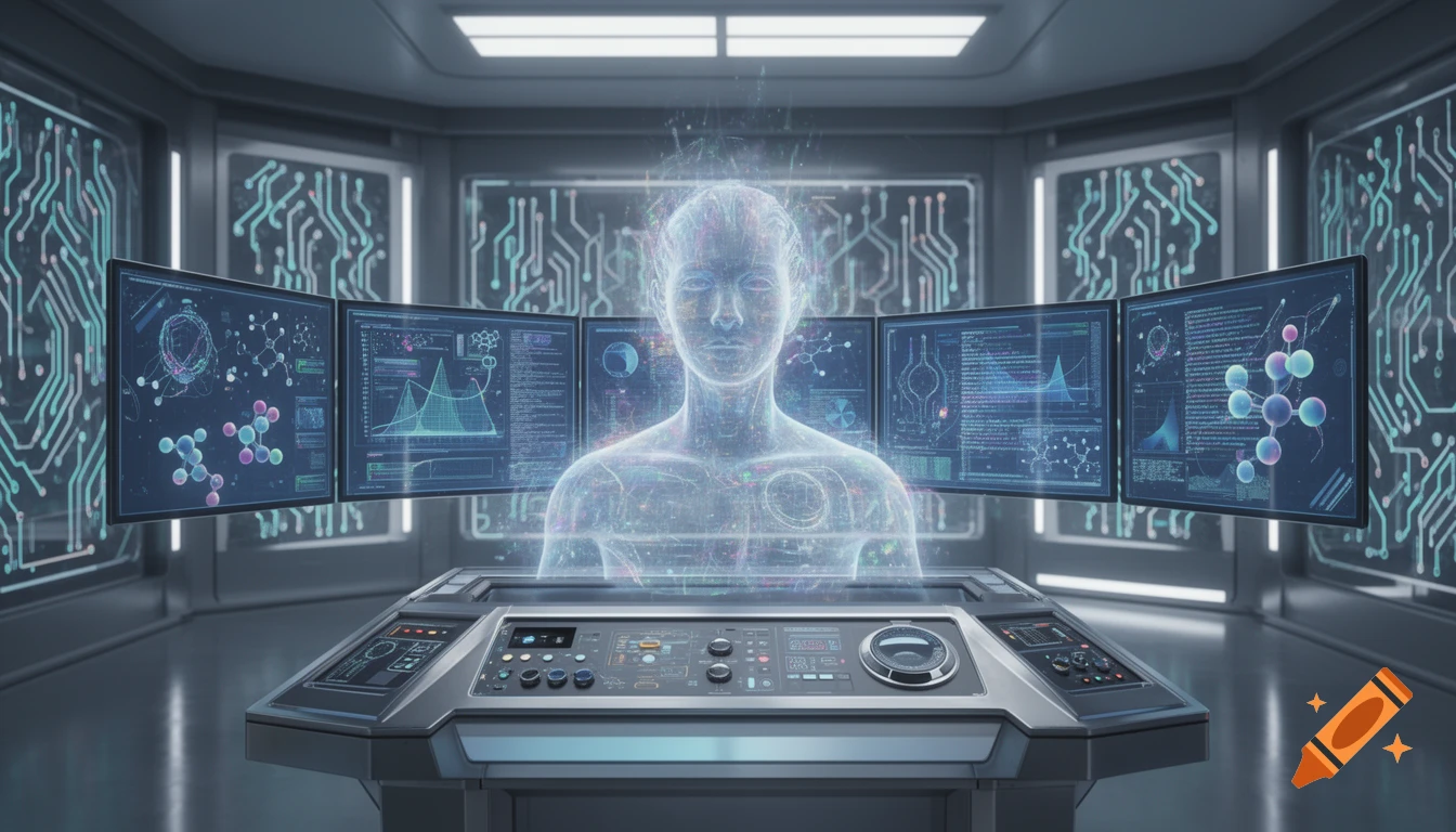 Holographic artificial intelligence in a futuristic control room with multiple data screens, depicting scientific progress.