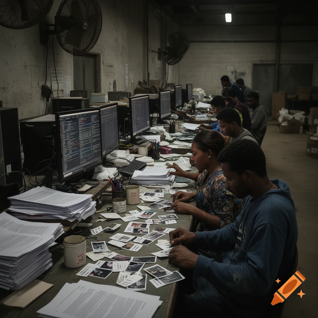 People work in a dimly lit, crowded office, looking at computer screens and sorting small images and documents on their desks.