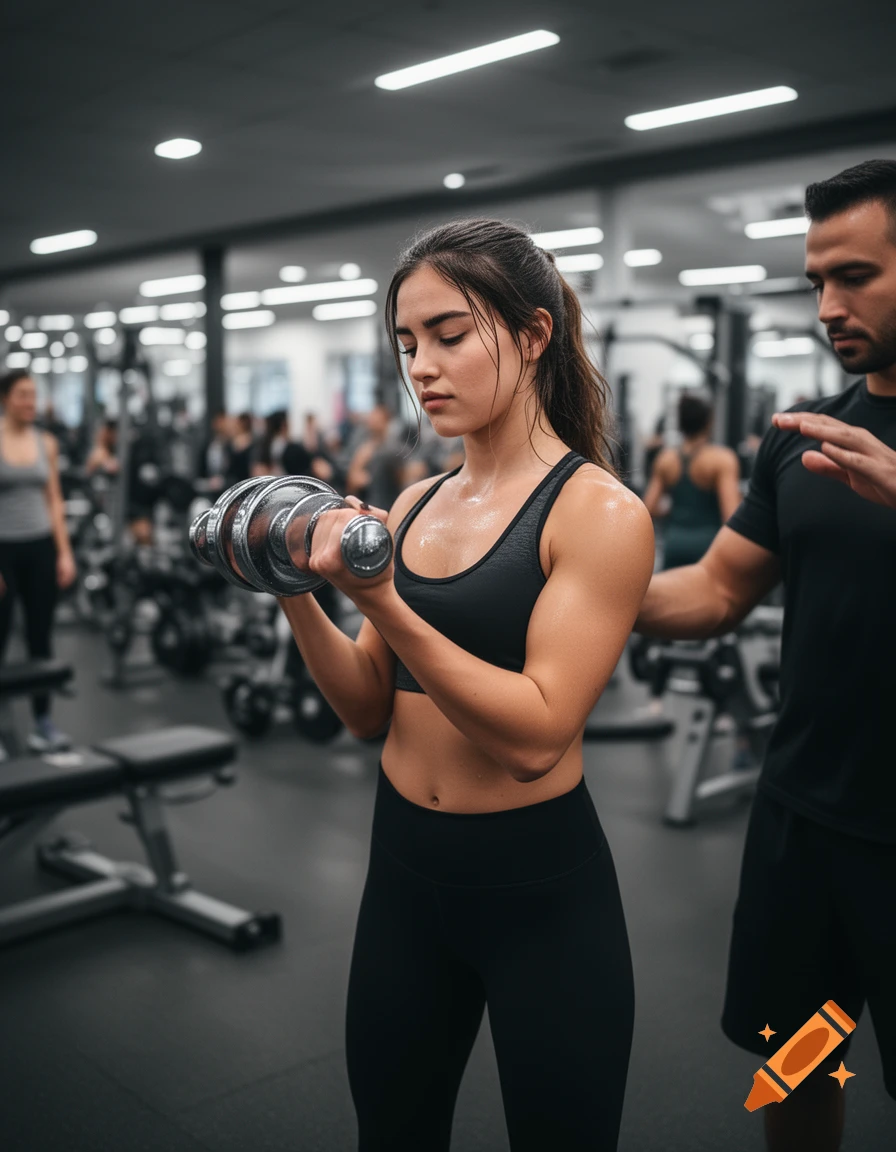 A woman in a sports bra and leggings lifts a dumbbell with a male trainer observing in a photorealistic gym setting.