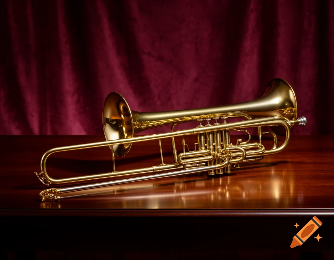 A golden brass instrument, a hybrid of a trumpet and a trombone, rests on a polished wooden surface against a draped red velvet background.