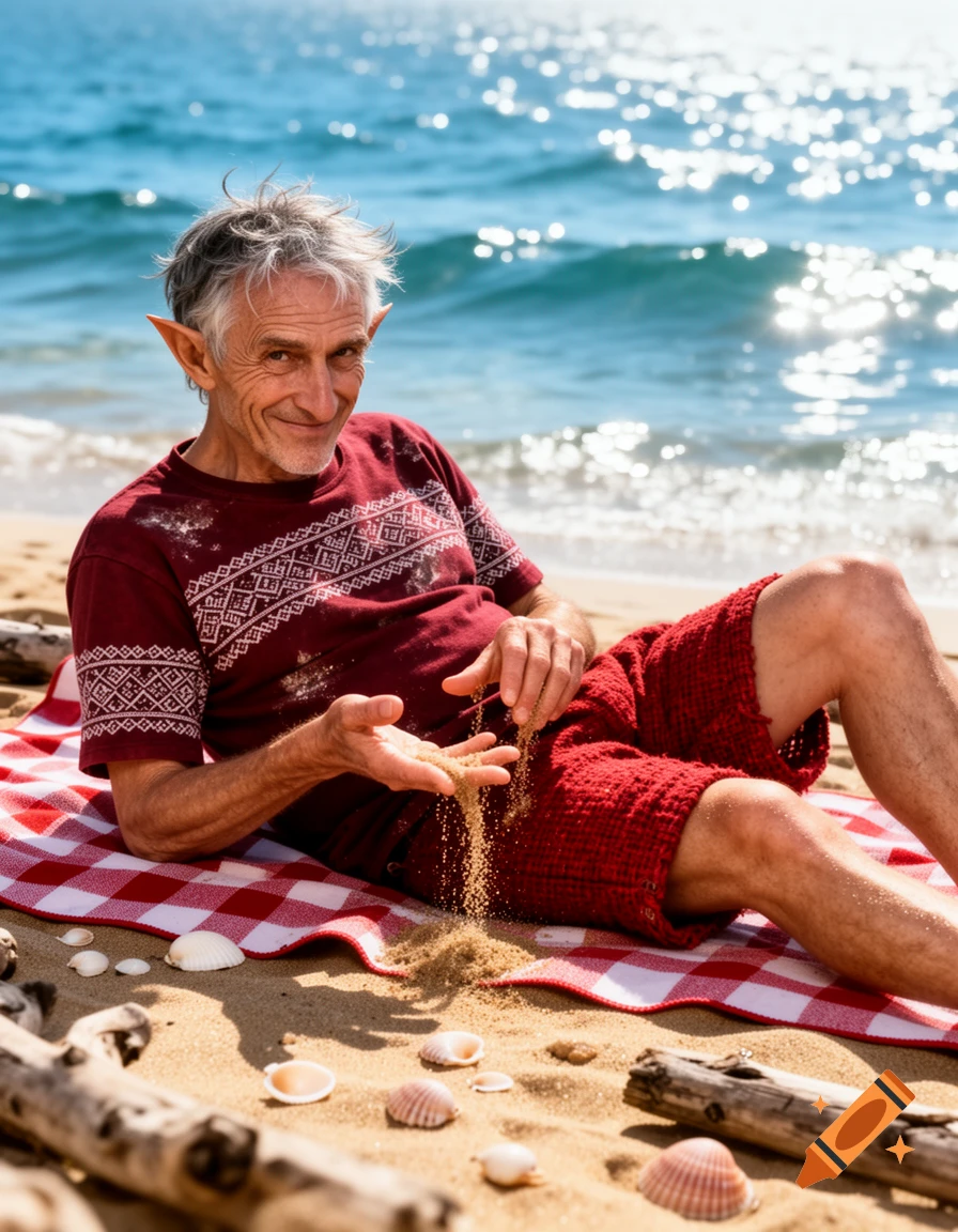 An older man with gray hair and elf ears, wearing a red patterned shirt and shorts, smiles slyly while playing with sand on a sunny beach.