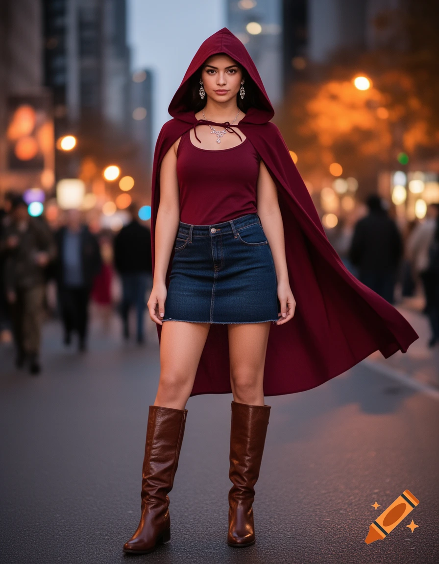 A woman in a Red Riding Hood-inspired costume, with a red cape, maroon tank top, denim skirt, and brown boots, stands on a street.