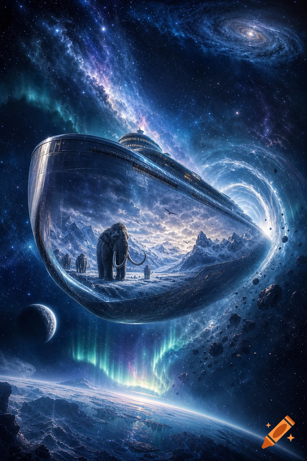 A futuristic ark-like spaceship containing a snowy landscape with woolly mammoths, floats in vibrant space above a planet with aurora lights and nebulae.