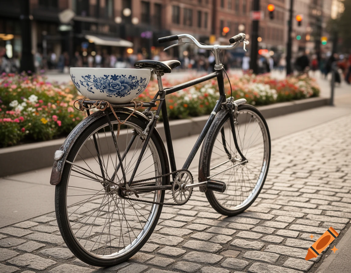 A vintage bicycle with a blue floral patterned bowl on its rear rack, parked on a city cobblestone street.
